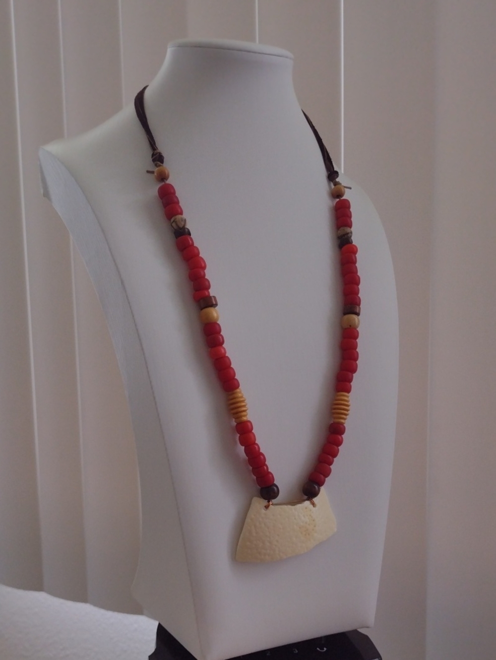 Handcrafted Native Wood Beaded Necklace with Ostrich Shell Pendant